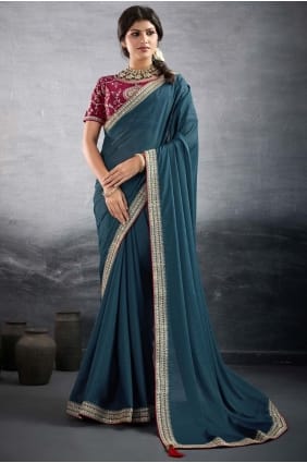Sari brodé en georgette bleu sarcelle SR29215