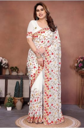 Sari en georgette blanche brodée SR29888