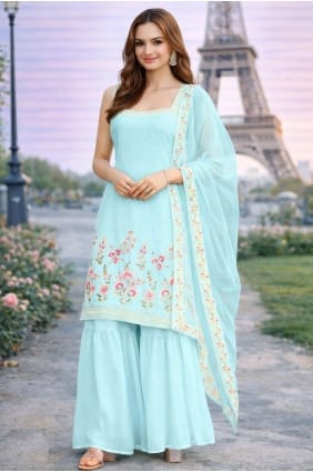 Ensemble Sharara bleu ciel brodé en georgette SS1312