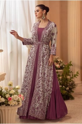 Robe longue rose en mousseline de soie brodée avec dupatta GW1277