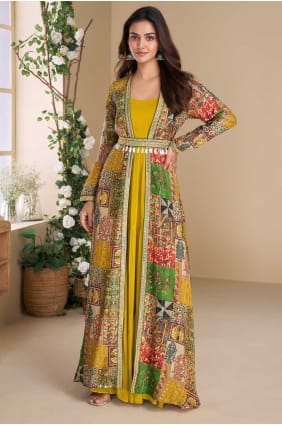 Robe longue jaune en georgette brodée GW1191