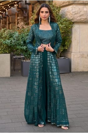 Kurta occidentale bleu sarcelle avec georgette brodée SK15811