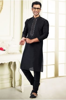 Kurta pour homme en jacquard noir brodé avec dupatta KURR613