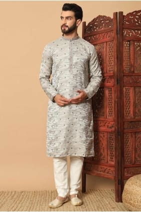 Kurta brodé en jacquard pour homme couleur crème KURR428