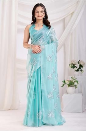sari en satin vert mer brodé avec chemisier SR28175