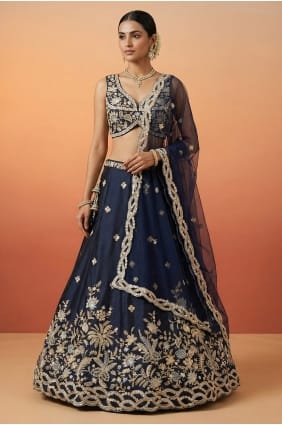 Lehenga Choli en tissu bleu foncé avec broderies LC9169