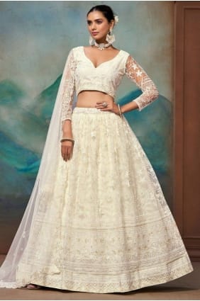 Lehenga Choli blanc cassé brodé en résille avec dupatta LC8872