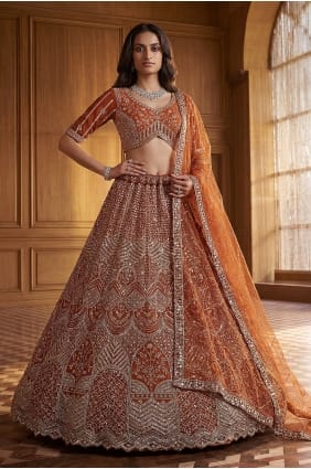 Lehenga Choli orange brodé en résille LC9039