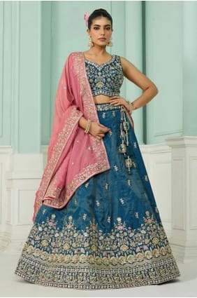Lehenga Choli en soie brodée bleu sarcelle avec dupatta LC8791