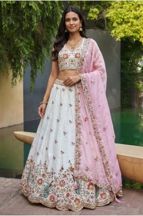 Lehenga Choli blanche en organza avec broderies LC9224