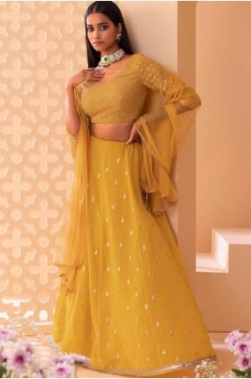 choli lehenga brodé en georgette jaune LC8464