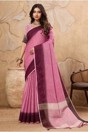 Sari en lin brodé rose Rani SR29238