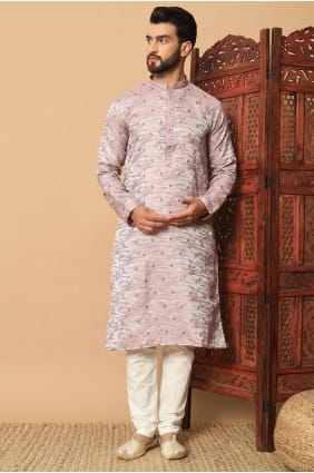 Homme brodé Kurta en jacquard rose KURR430