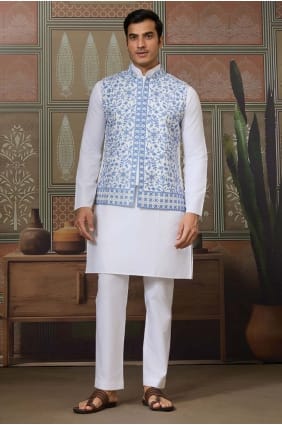 Kurta en soie brodée blanche pour homme avec dupatta KURR606