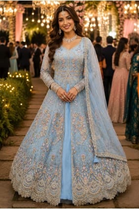 Anarkali bleu ciel en tulle brodé AS4358