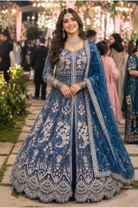 Anarkali turquoise en tulle brodé AS4357
