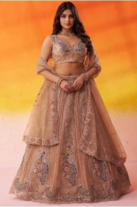 Lehenga choli en résille brodée beige LC8861