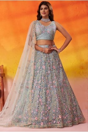Lehenga Choli en filet brodé vert mer LC8857