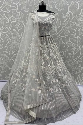 Lehenga Choli en filet brodé blanc LC8763