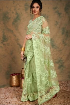 Sari en tulle vert pistache brodé SR29272