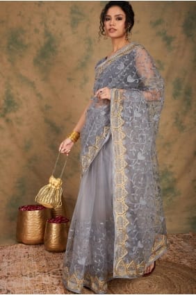 Sari en tulle gris brodé SR29278