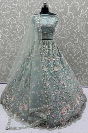 Lehenga Choli en filet vert d'eau avec broderies LC8797