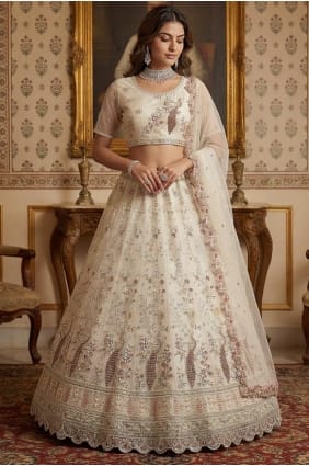 Lehenga Choli de mariage blanc brodé en tulle LC8938