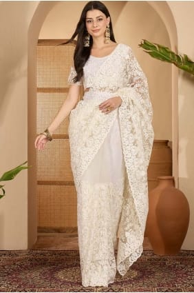 Sari blanc en filet brodé SR29265
