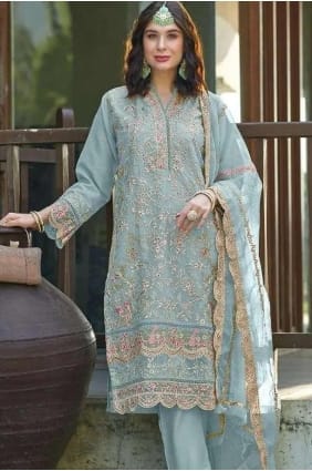 Organza Salwar Kameez brodé bleu ciel SK155152