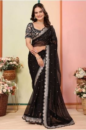 Noir Sari en organza brodé SR28689
