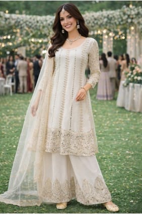 Costume Palazzo en mousseline Chinon brodée en blanc cassé PZ4399