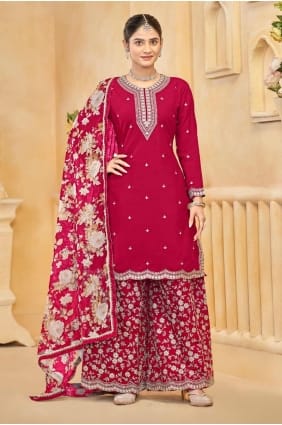 Embroidered Palazzo Suit in Pink Silk PZ4132
