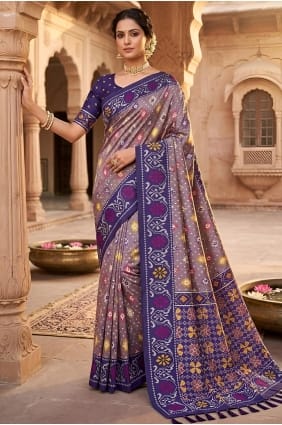 Sari en soie Patola gris avec broderie SR30118