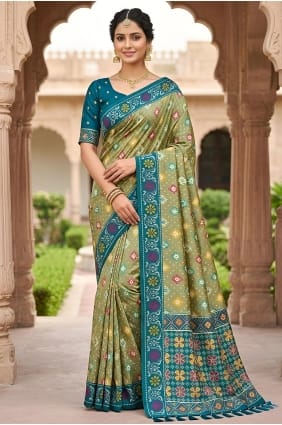 Saree en soie Patola en Pista avec broderie SR30121