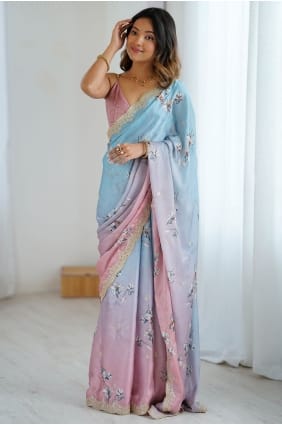 Sari en mousseline imprimée brodée Sky Peach SR29873