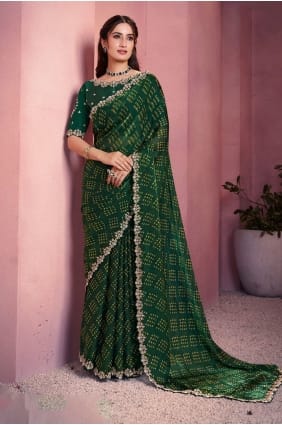 Sari vert en satin brodé et imprimé SR29055