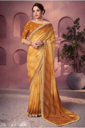 Sari en satin jaune brodé et imprimé SR29060