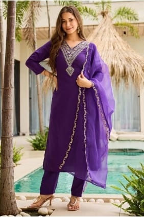 Ensemble salwar kameez Chanderi tissé bleu avec dupatta SK155882