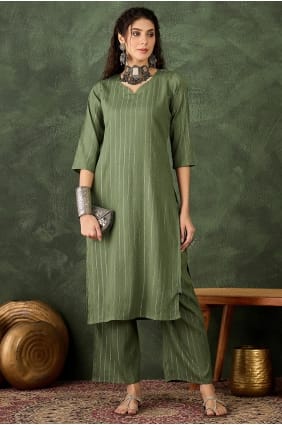 Salwar Kameez vert avec broderie en mélange de coton SK15832