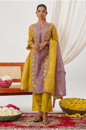 Salwar Kameez en soie brodée moutarde SK155817