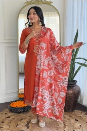 Salwar Kameez brodé en viscose orange SK155363