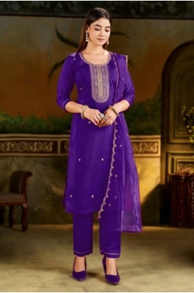 Salwar Kameez en soie brodée violette pour l'Aïd SK155940