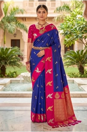 Sari en soie bleue brodé SR30208