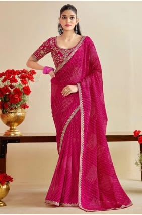 Sari en mousseline rose brodé SR29355