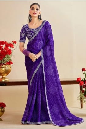 Sari violet en mousseline brodée SR29352