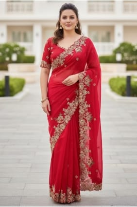 Sari en mousseline brodée rouge SR29638
