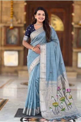 Sari bleu ciel en coton brodé SR30131