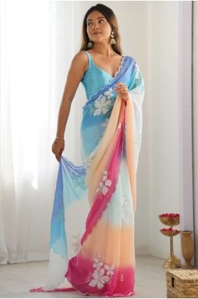 Georgette Brodé Bleu ciel Sari avec chemisier SR28698