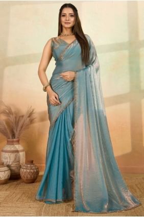 Sari brodé en satin bleu ciel SR28703