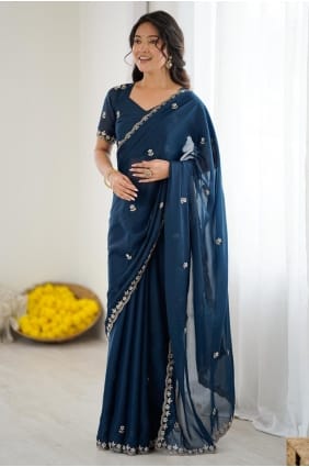 Sari bleu sarcelle en georgette brodée SR29588